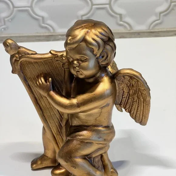 Vintage Cherub Angel Wall Art figurines resin gold with musical instruments - Picture 2 of 10